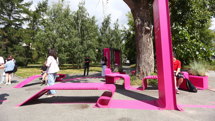 В Екатеринбурге растянули гигантскую розовую линию, которая превращается в лавочки. Как это выглядит