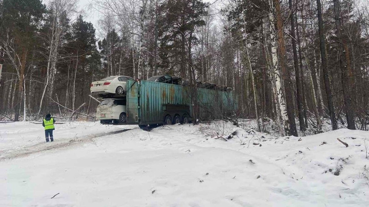 Автовоз с 8 машинами съехал с трассы в лес в Шелеховском районе
