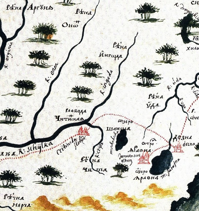 Фрагмент карты Даурии из «Чертежной книги Сибири» С. Ремезова, 1701 г.