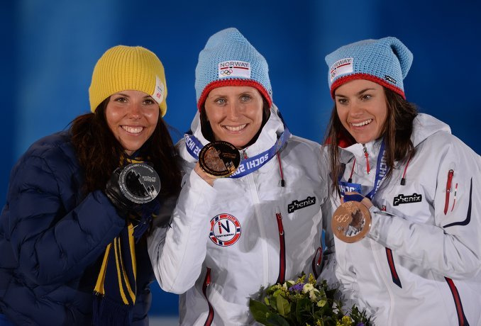 Шарлотта Калла (Швеция) - серебряная медаль, Марит Бьерген (Норвегия) - золотая медаль, Хейди Венг (Норвегия) - бронзовая медаль