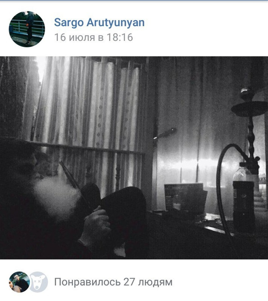 16 июля, через 2 недели после драки, Саргиз выложил фото из кальянной. А через месяц написал заявление в полицию

