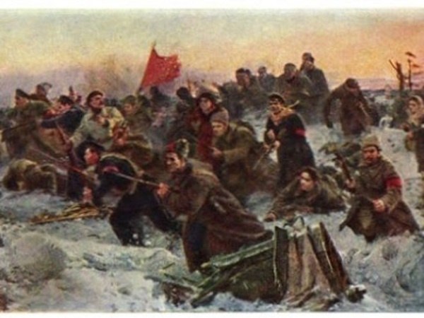 «Рождение Красной Армии (Первый бой с немцами под Псковом в 1918 году)». Фрагмент картины.