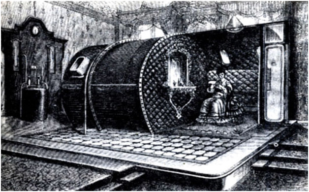 Медицинские барокамеры появились еще в XIX веке, Лечебный кабинет-барокамера в Милане 1880 год/ Архивное изображение//Фельдман Г.Э., 'Поль Бер' - Москва: 'Наука', 1979