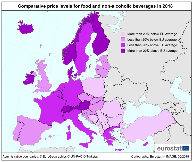 Сравнительный уровень цен на продукты питания и безалкогольные напитки в 2018 году