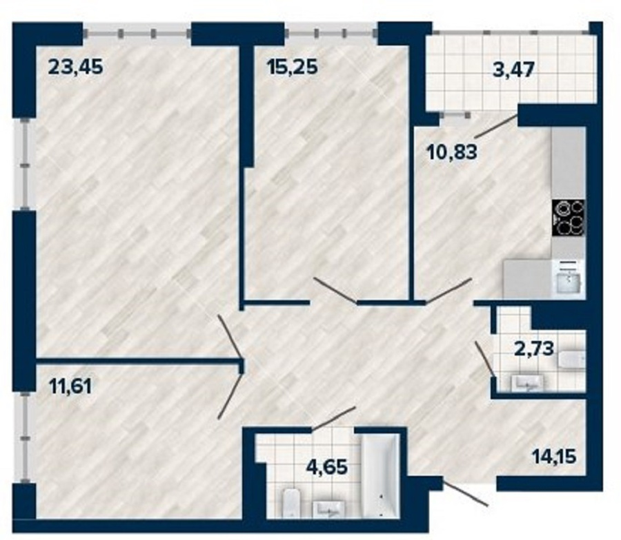 Пример трёхкомнатной квартиры: её удачная планировка делает пространство полезным для каждого члена семьи.