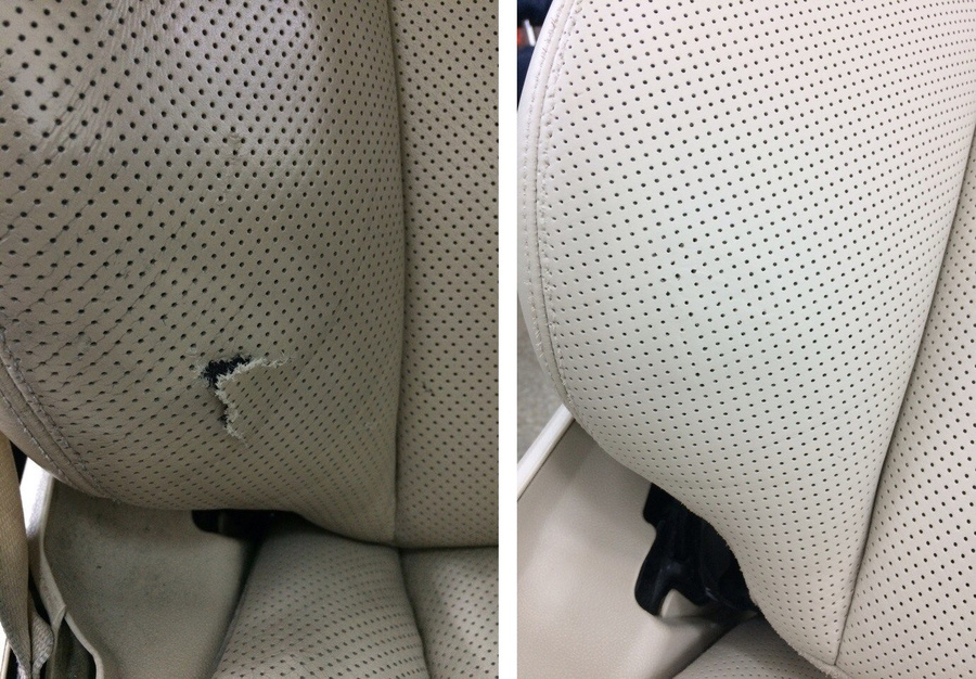 Ремонт и покраска кожаного сидения на Mercedes-Benz S600: до и после.