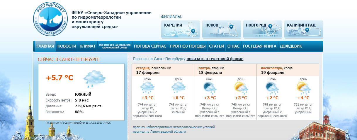 Скриншот с сайта www.meteo.nw.ru
