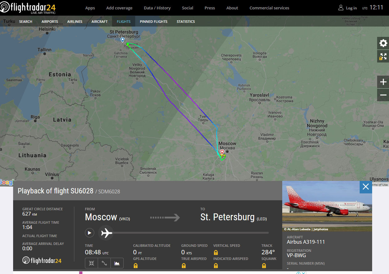 скриншот страницы сервиса flightradar24.com