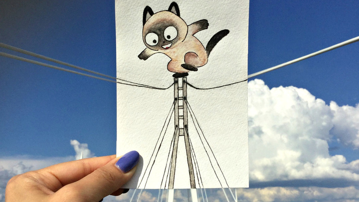 Дополненная реальность: тюменка создаёт иллюстрации с котом Васькой, который путешествует по стране