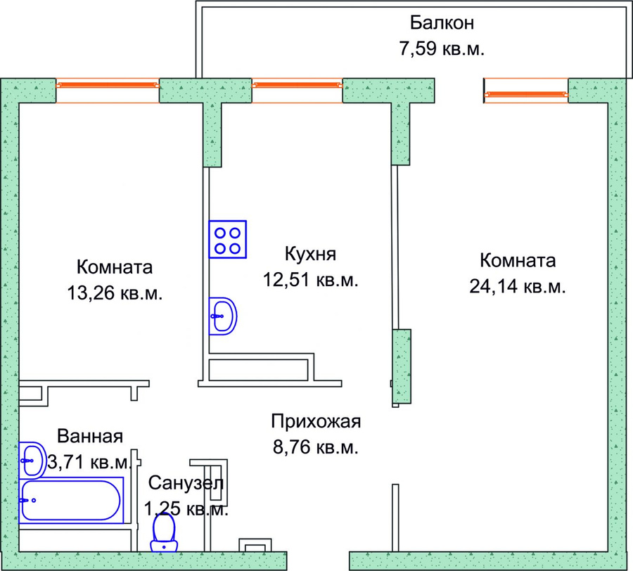 Исходная планировка двухкомнатной квартиры.
Исходная планировка двухкомнатной квартиры.