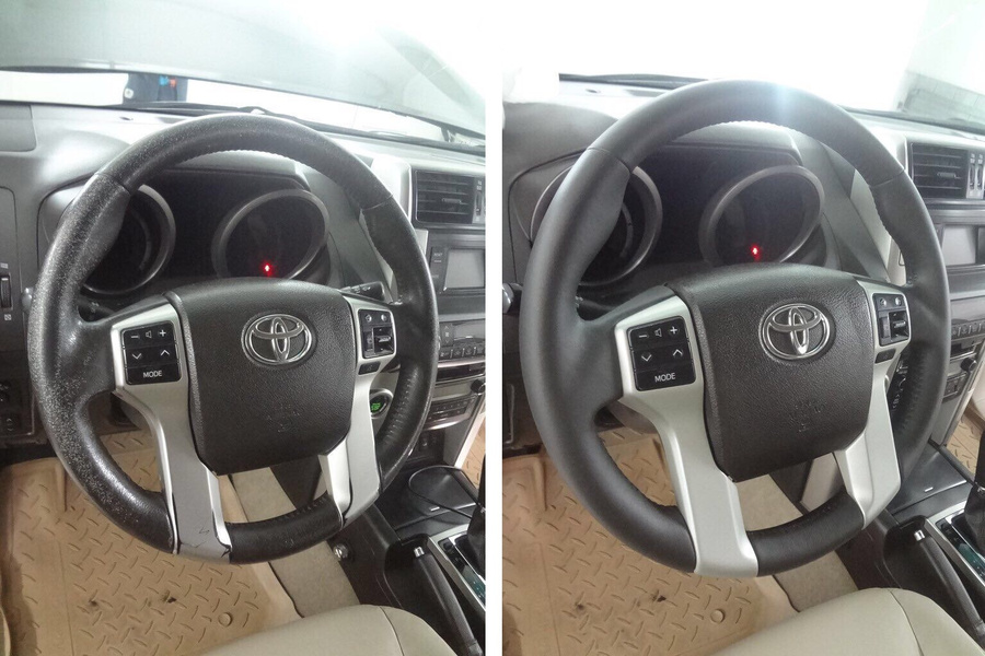Покраска руля Toyota Land Cruiser Prado: до и после.
Покраска руля Toyota Land Cruiser Prado: до и после.