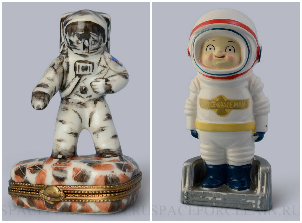 Справа – шкатулка «Астронавт на Луне», ЛИМОЖ (Франция). Год выпуска и автор неизвестны. Слева – копилка «Маленький космонавт». Японский фарфор компании NAPCOWARE. 80-е годы