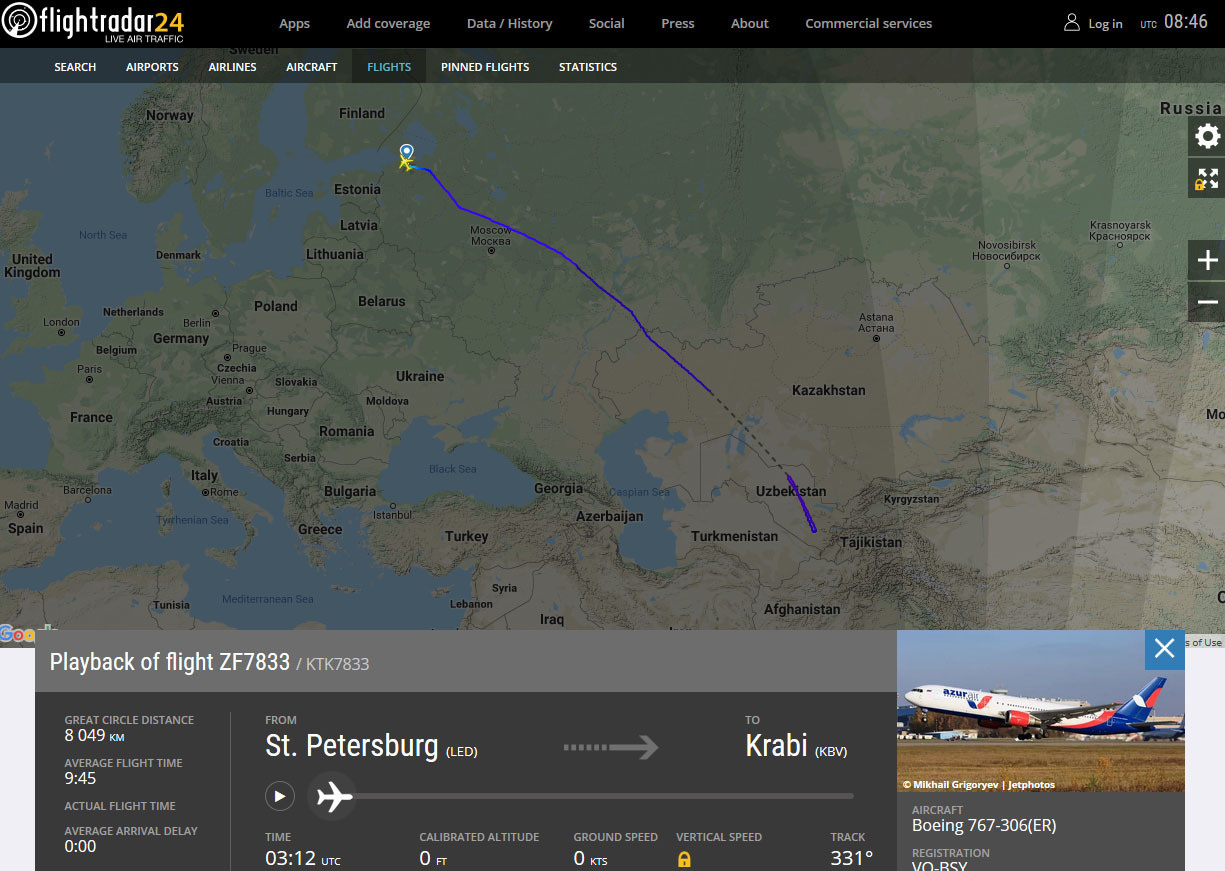 скриншот страницы сервиса flightradar24.com