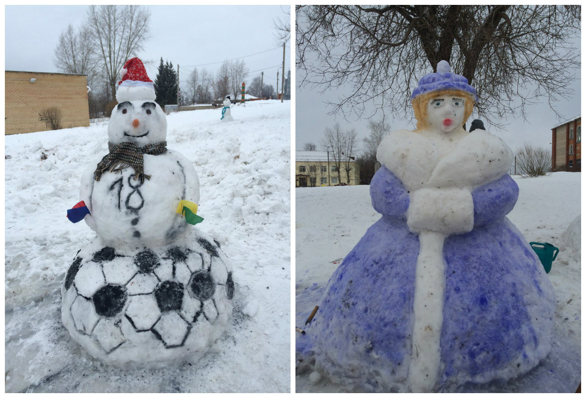 Снеговик-футболист и красавица Снегурочка