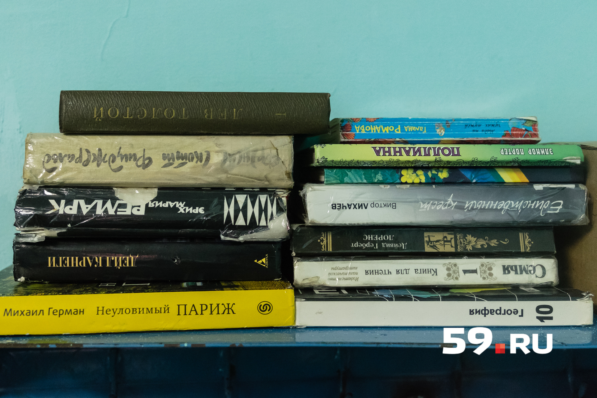 В камере полка с книгами из тюремной библиотеки: Толстой, Лихачев, «Полианна», учебник по географии за 10-й класс