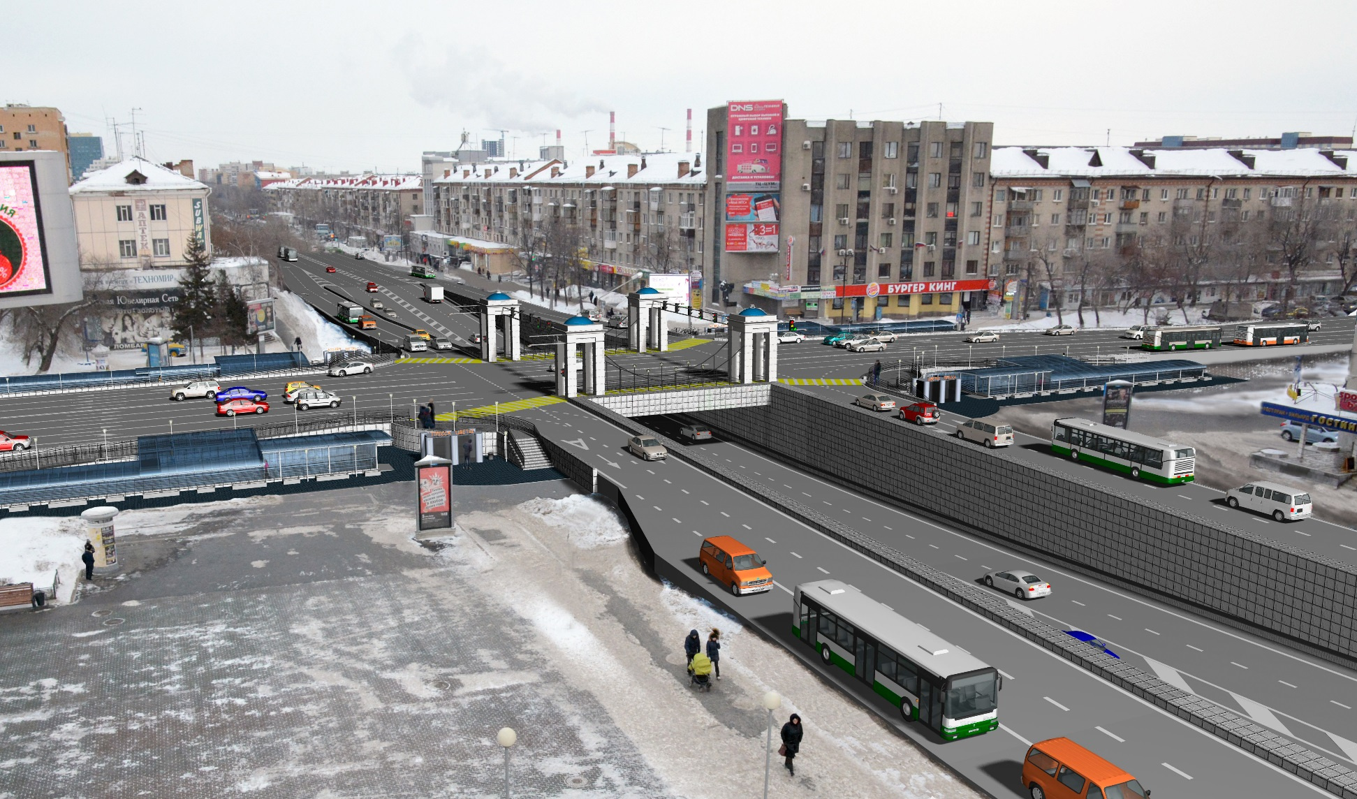 Транспортная развязка запроектирована в двух уровнях со строительством путепровода по ул. Республики
