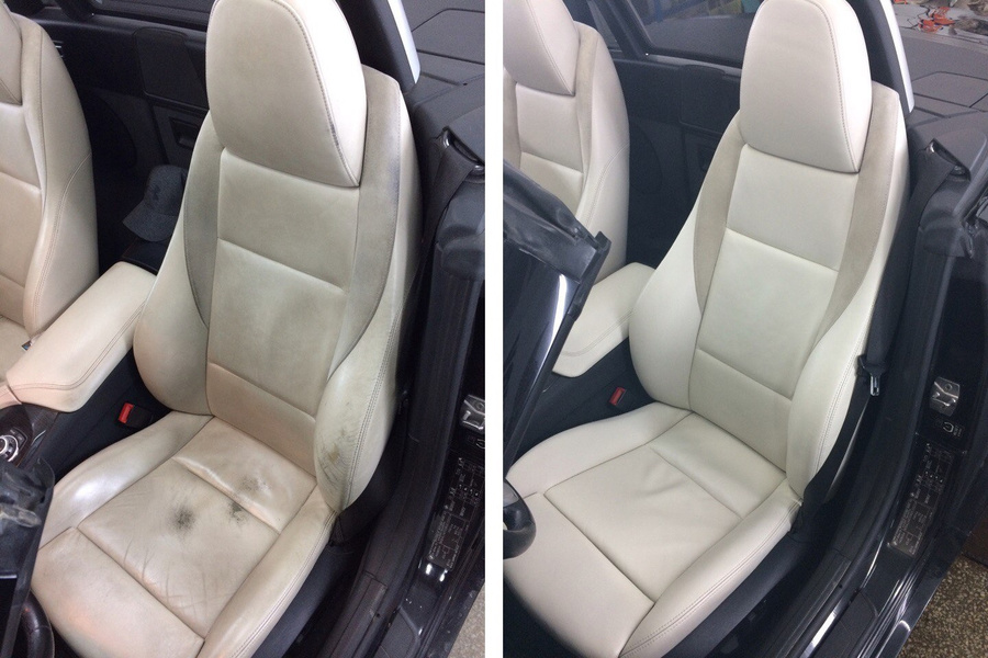 Восстановление кожаного сидения и подлокотника на BMW Z4: до и после.