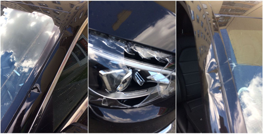 У Mercedes разбиты обе передние фары, лобовое стекло, проколоты все четыре колеса, а также есть вмятины на нескольких элементах кузова.