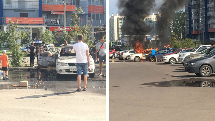 «Через минуту начались взрывы»: на забитой парковке «Белых рос» выгорел автомобиль