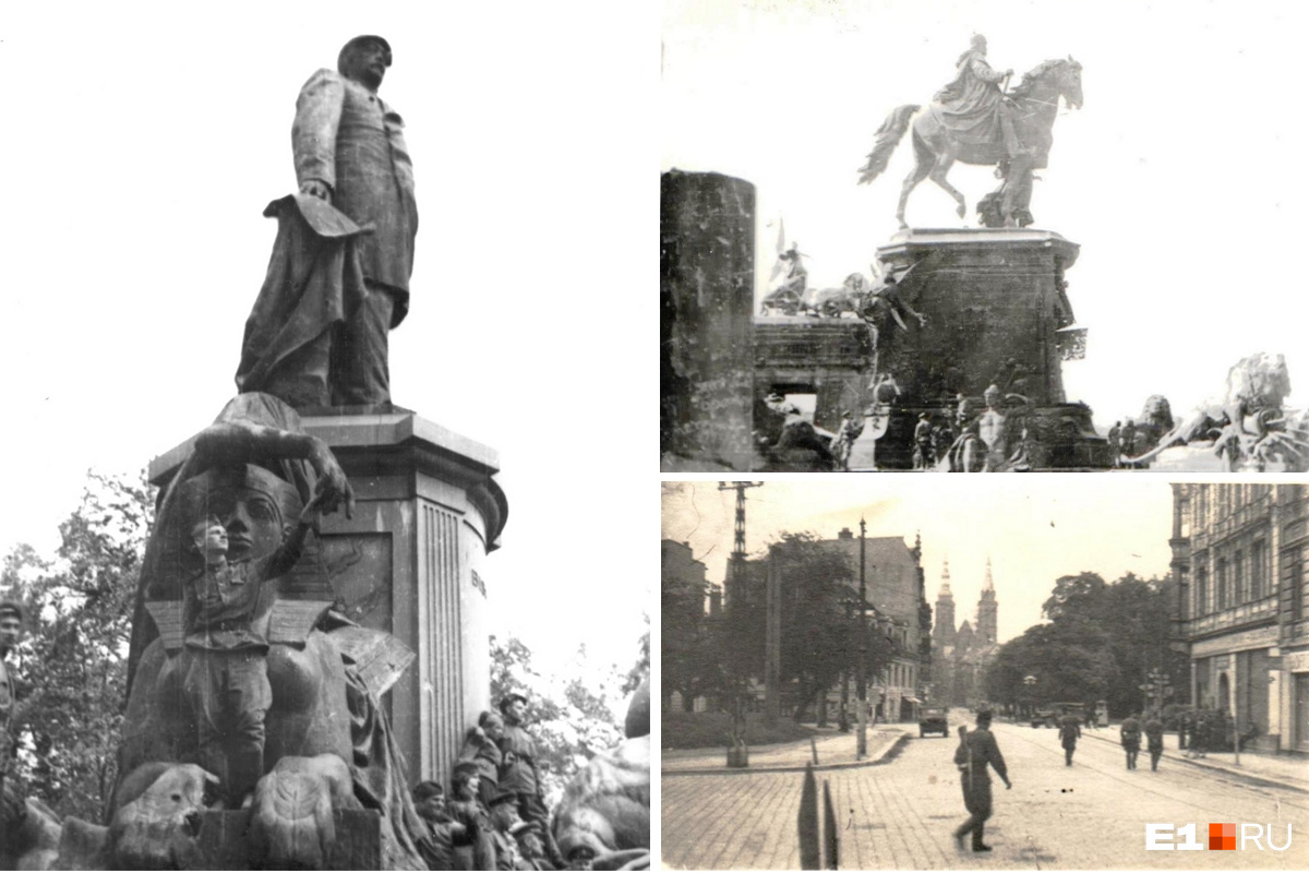 Слева — Борис Ваулин возле памятника Отто фон Бисмарку в Берлине в мае 1945 года. Справа сверху — крыша Рейхстага, снизу — Лигниц (Польша), 1945 год