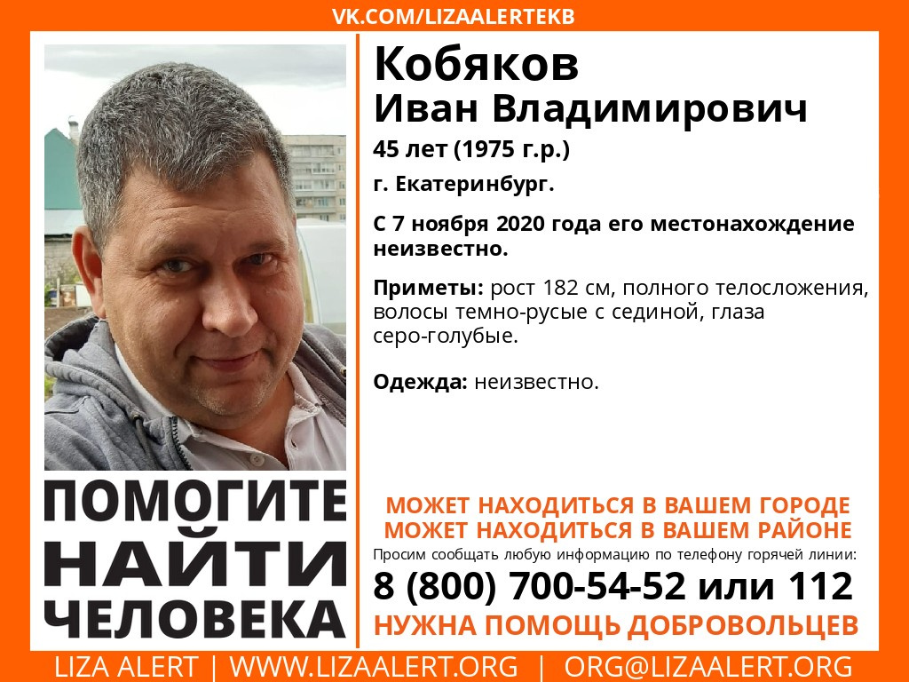 В Екатеринбурге пропал 45-летний Иван Кобяков, поиски человека - 30 ноября  2020 - e1.ru