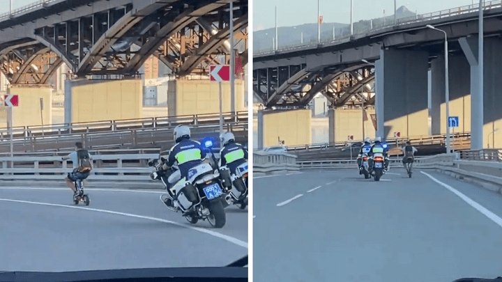Необычная погоня на 4 мосту: полицейские на мотоциклах преследовали человека на электросамокате