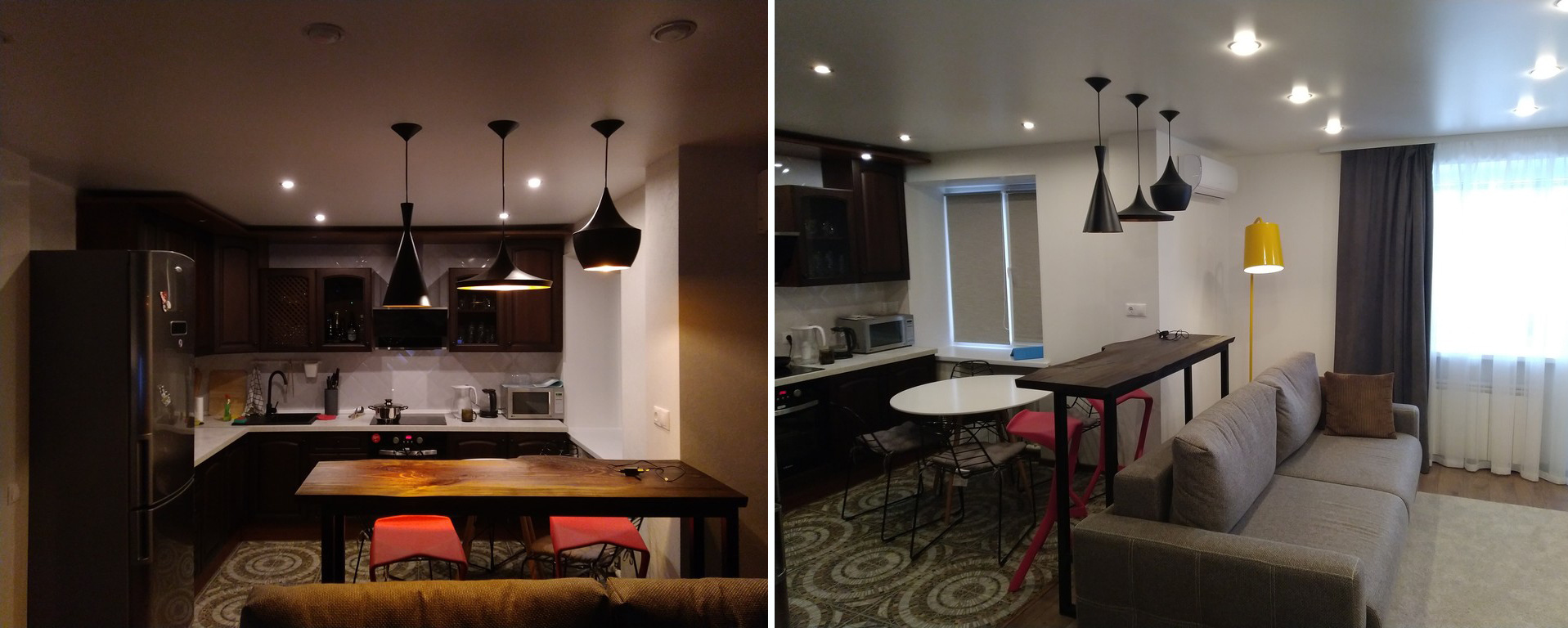 Стильные светильники отделяют кухонную зону