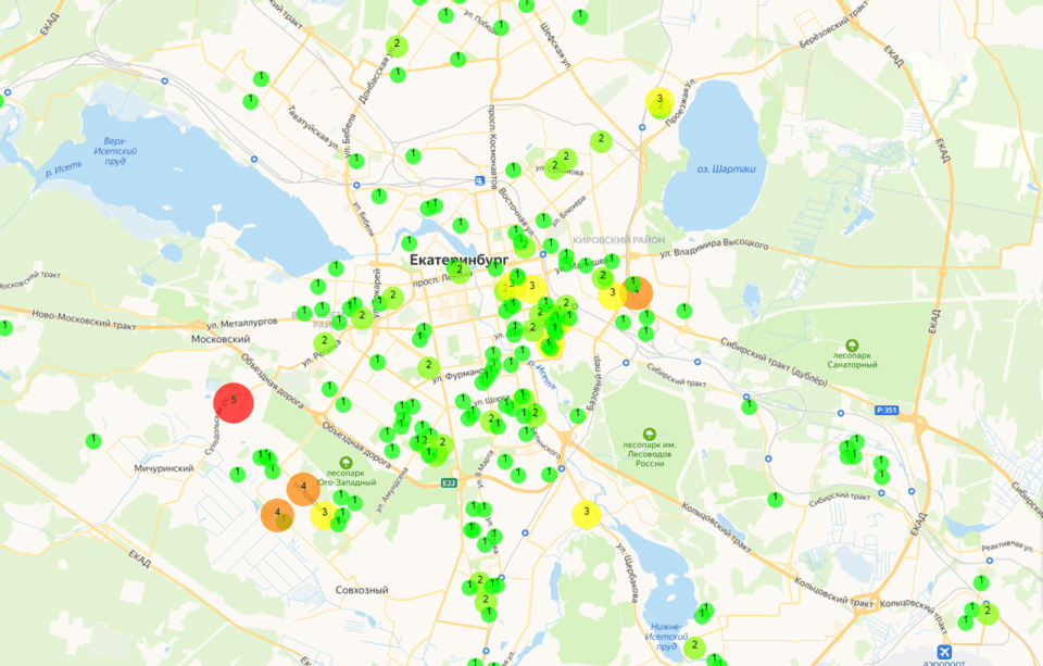 А вот так выглядит карта заражений в Екатеринбурге