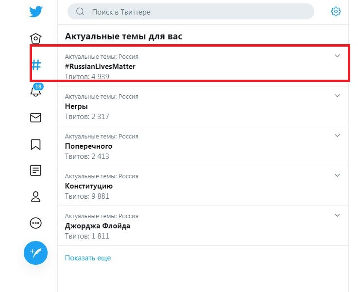 Хештег #RussianLivesMatter на первом месте среди обсуждаемых тем в твиттере
