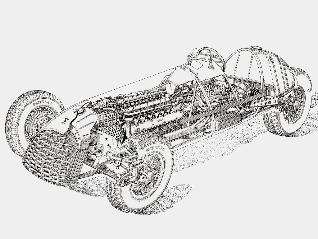 Компоновка первого болида Ferrari для «Формулы-1»: двигатель V12 к тому моменту получил приводные нагнетатели (видны в передней части и на верхе мотора)