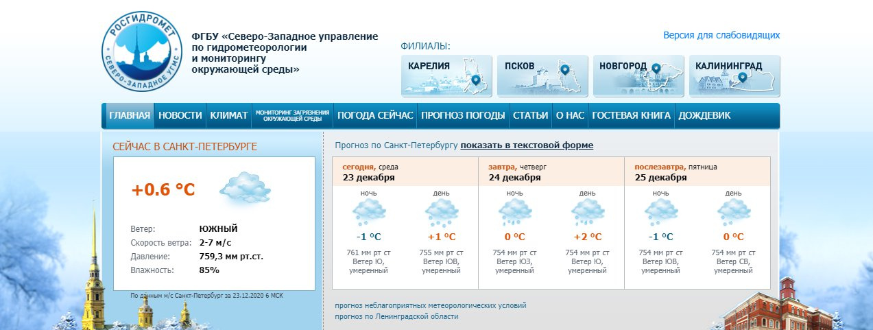 Скриншот со страницы www.meteo.nw.ru