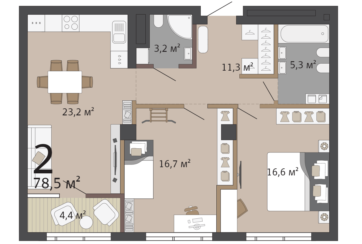 В такой квартире можно сделать две спальни и просторную кухню-гостиную