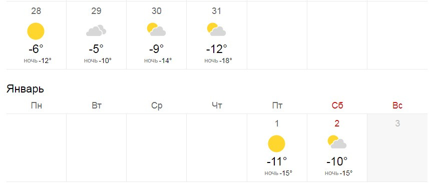В саму новогоднюю ночь, по данным этого портала, будет -18 градусов, а днем 1 января температура воздуха поднимется до -11 градусов