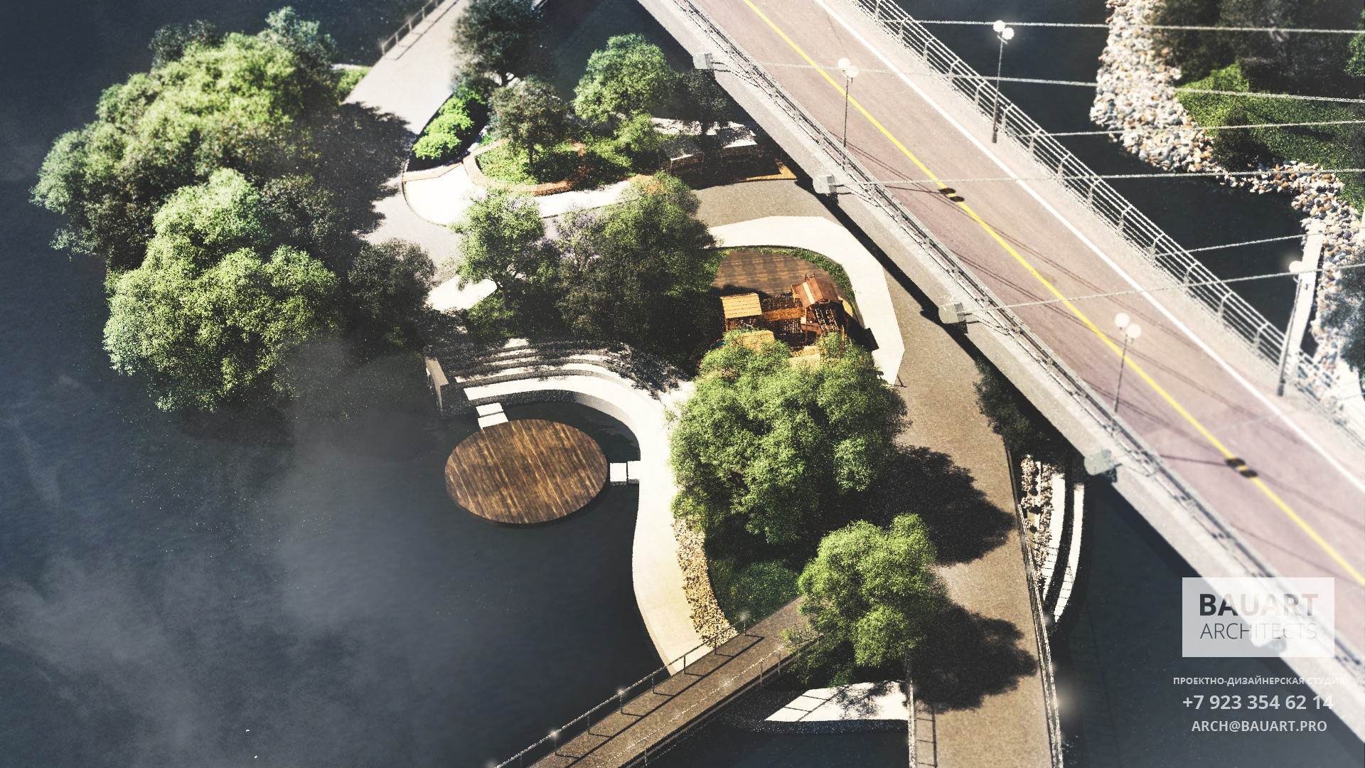 Проект предполагает озеленение и небольшие мостики между островами