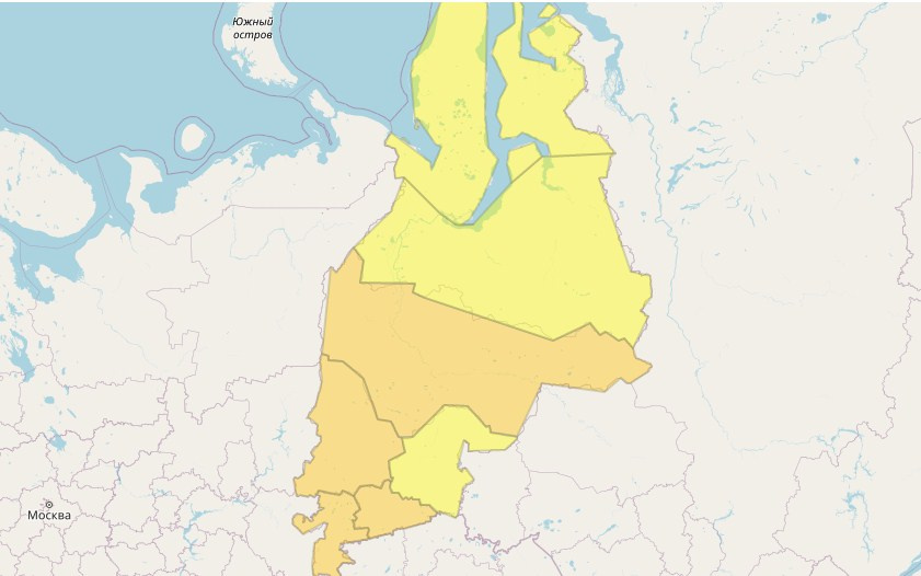 Так Урал выглядит на прогнозных картах синоптиков. Оранжевый цвет означает, что погода опасна. Имеется вероятность стихийных бедствий, нанесения ущерба