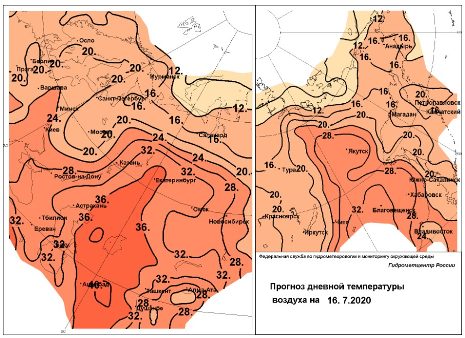 Завтра в Тюменской области до +36, синоптики даже объявили предупреждение о неблагоприятных погодных условиях. На этой карте видно, что мы не в эпицентре жары — на юге до +40, там еще хуже