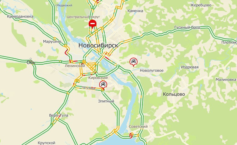 Сервис 2ГИС оценивает пробки в Новосибирске в 3 балла. Почти все дороги этим утром свободны