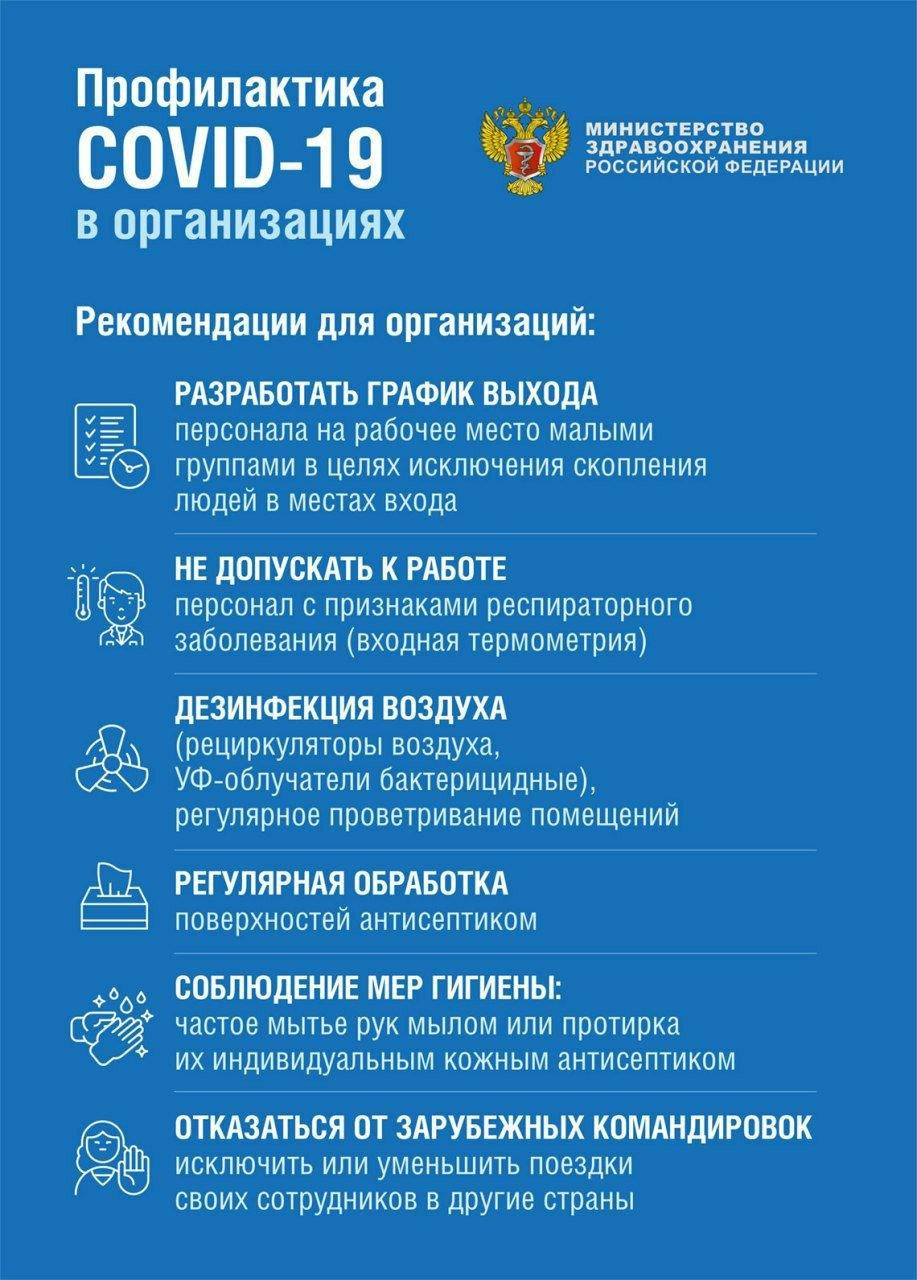 Памятка от Министерства здравоохранения РФ по профилактике коронавируса в организациях Памятка от Министерства здравоохранения РФ по профилактике коронавируса в организациях