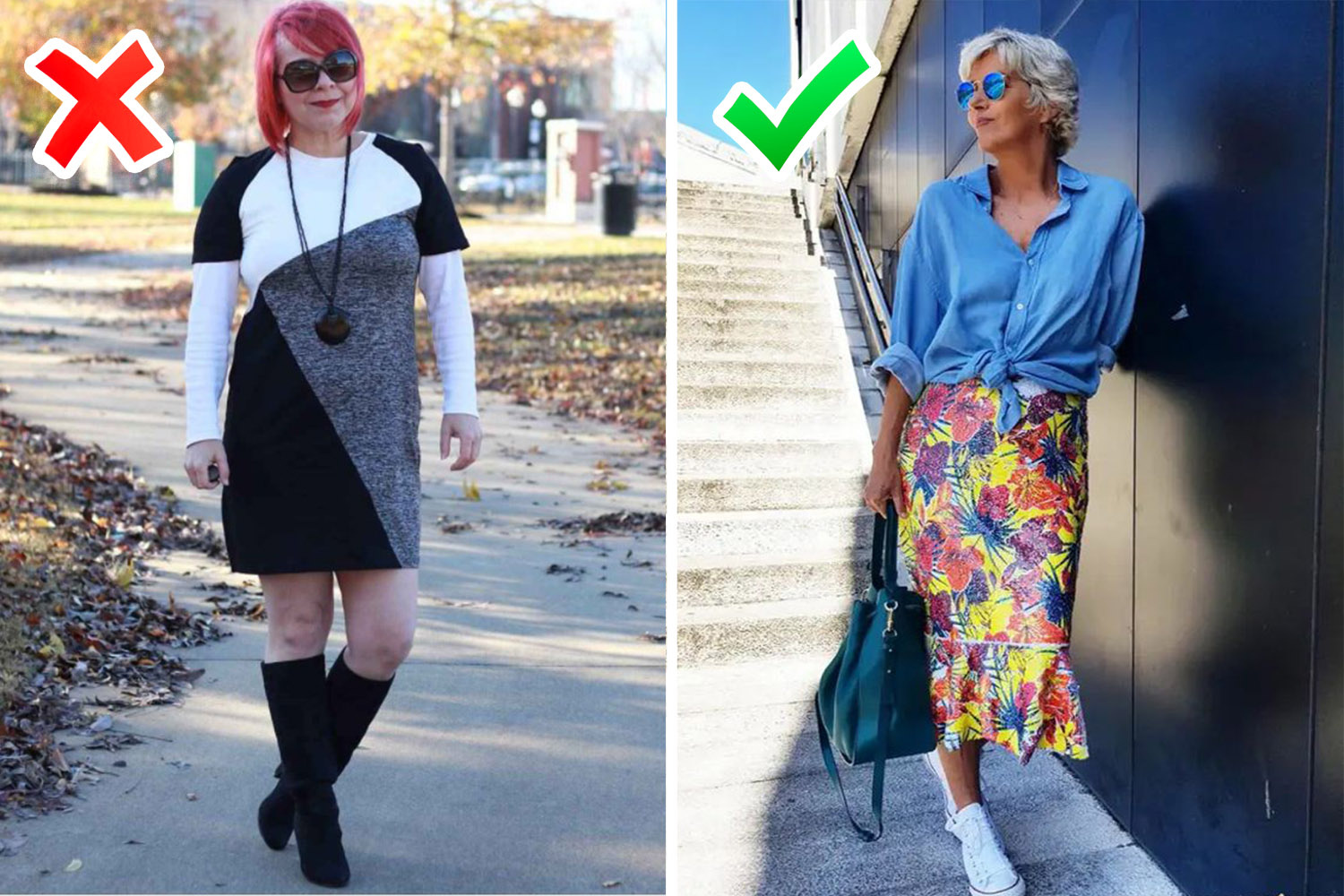 Невооруженным глазом видно, как украсили цвета в одежде женщину на фото справа, и как лихо черные и серые оттенки состарили модель на фото слева