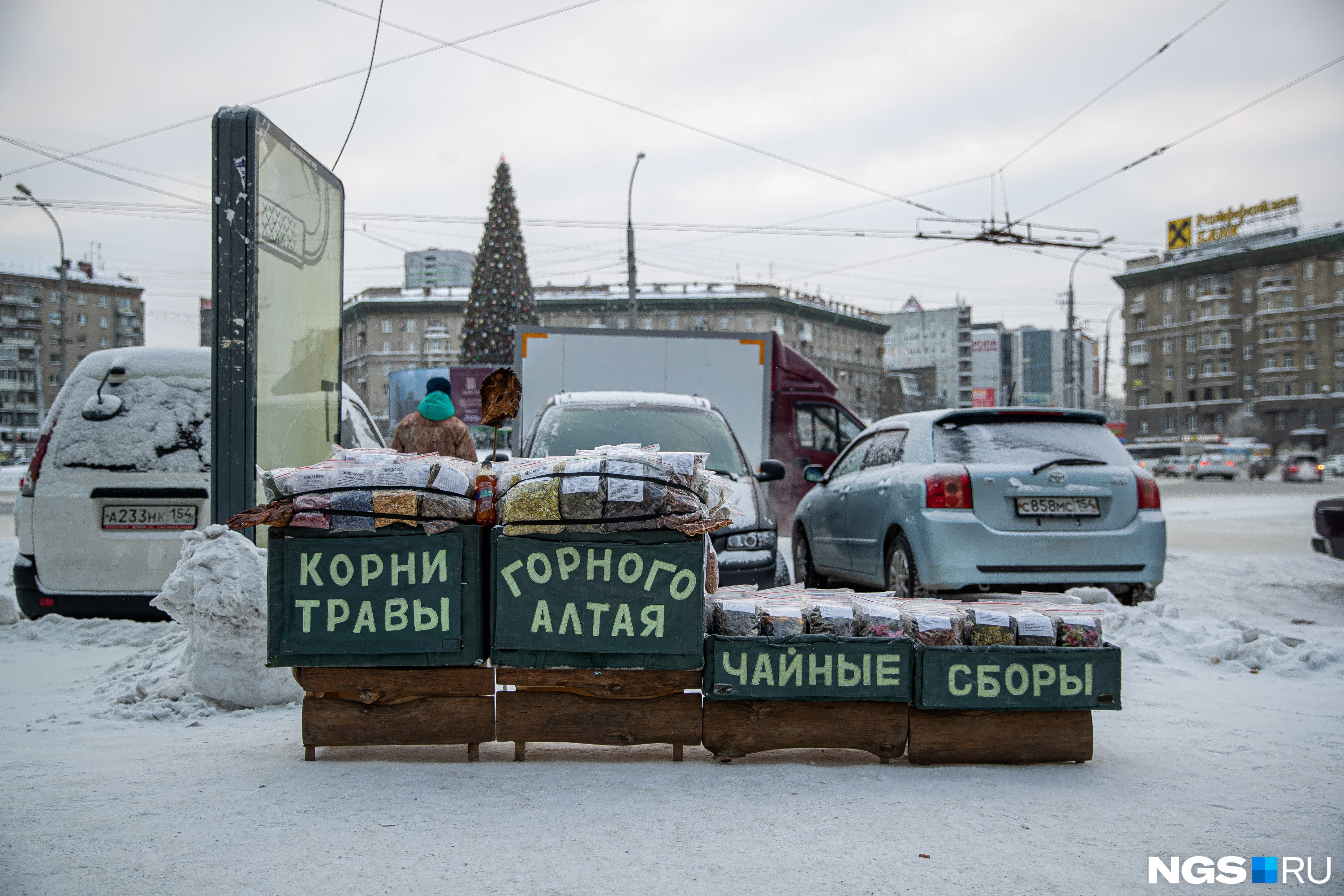 Ещё одна точка на площади Калинина — владелица этого лотка приезжает в Новосибирск с Алтая каждую зиму