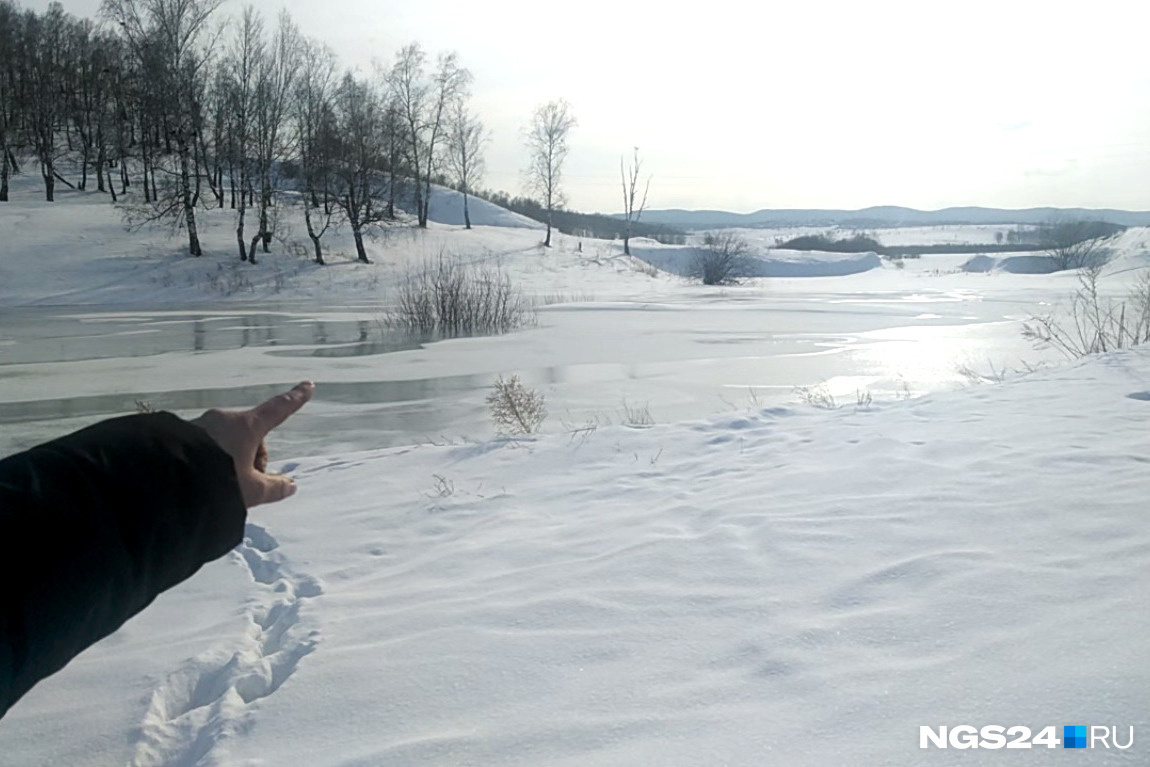 Оксана показывает верхушки деревьев у озера, ушедших под лед на 4 метра 