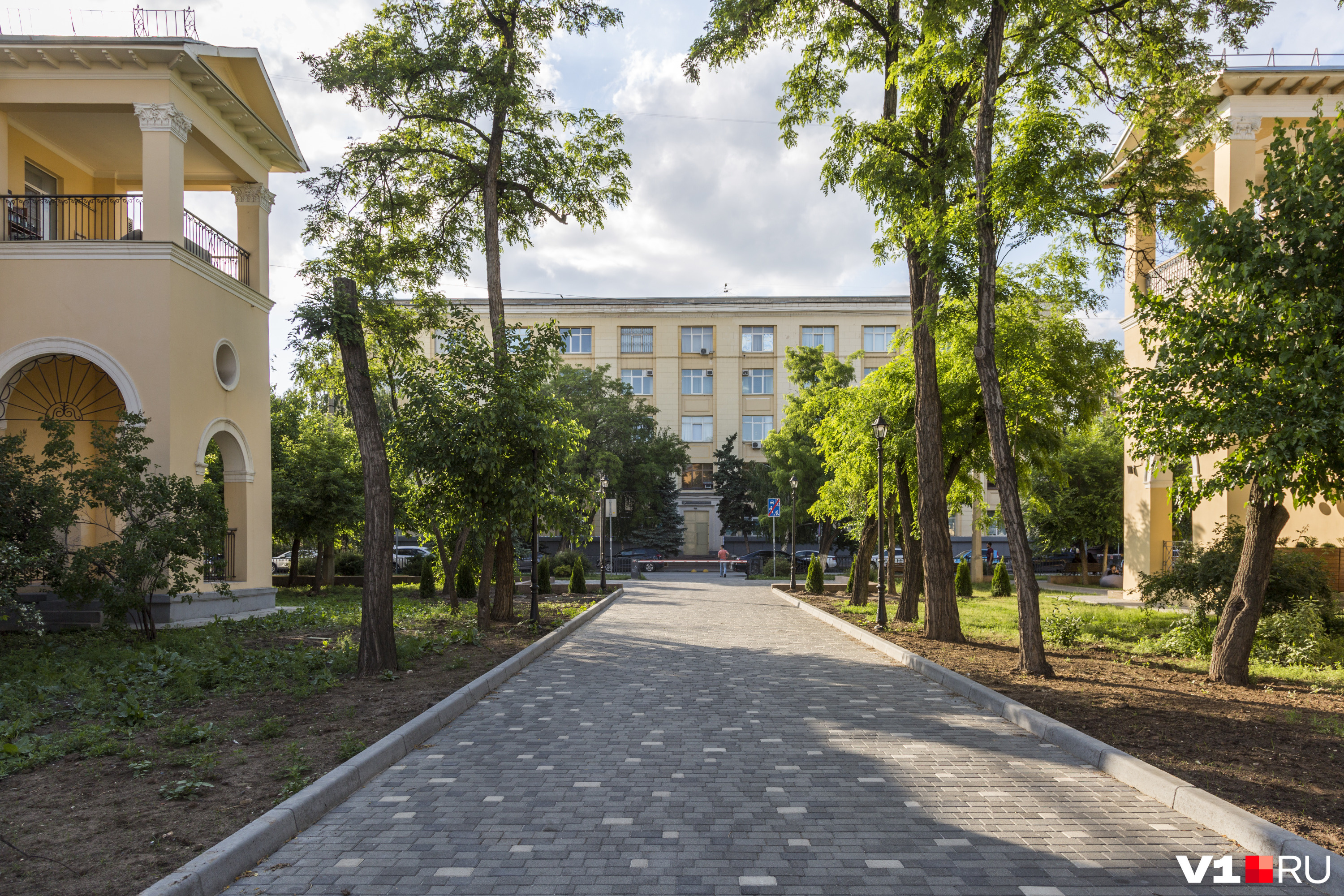 Бетонные бордюры и тротуарная плитка — характерные черты современного благоустройства в Волгограде