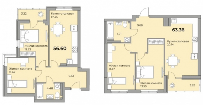 Двухкомнатные квартиры — популярный формат. Потому в ЖК «Белая башня» много планировочных решений с двумя спальнями