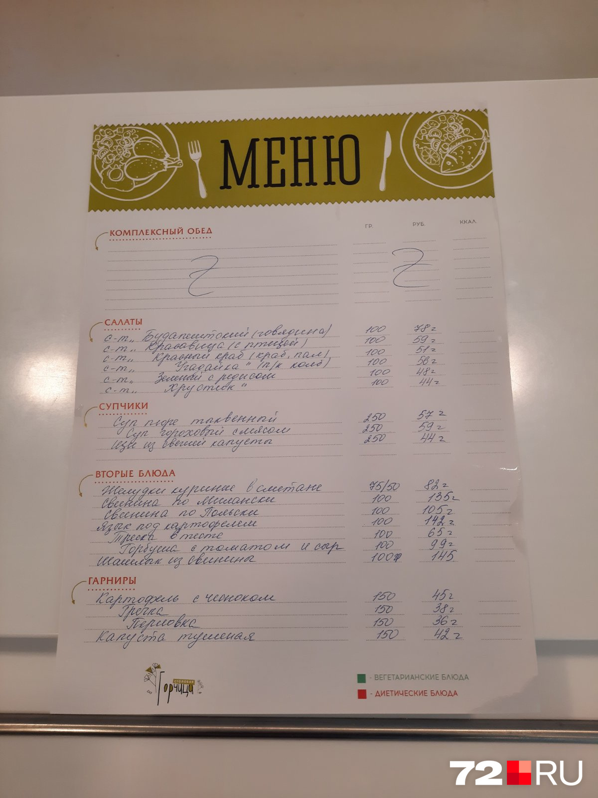 Фото меню из тюменской столовой, где указаны блюда и цены. В пределах <nobr class="_">80–90 рублей</nobr> можно купить себе на обед салат и суп Фото меню из тюменской столовой, где указаны блюда и цены. В пределах <nobr class="_">80–90 рублей</nobr> можно купить себе на обед салат и суп