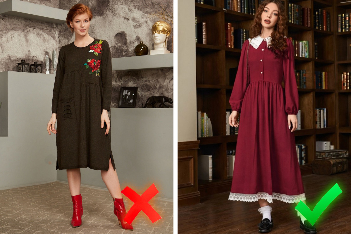 Выбирайте современный декор — на фото слева цветочная аппликация сильно старит образ, особенно в сочетании с неактуальным цветом и фасоном платья
