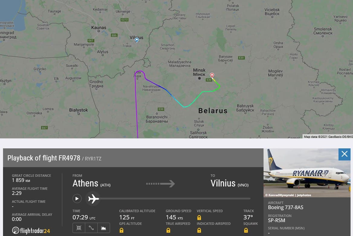 Траектория полета рейса Ryanair FR4978 23 мая 2021 года
