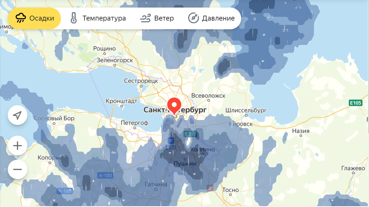 Карта погоды «Яндекса» на 07:00. Скриншот yandex.ru/pogoda/saint-petersburg