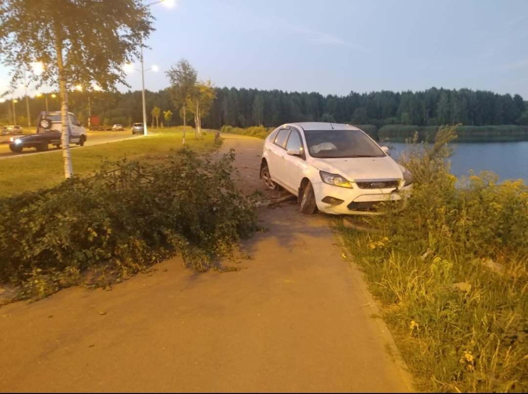 Ford вылетел на пешеходную дорожку, срубил забор и берёзу и остановился на берегу Дудергофского канала