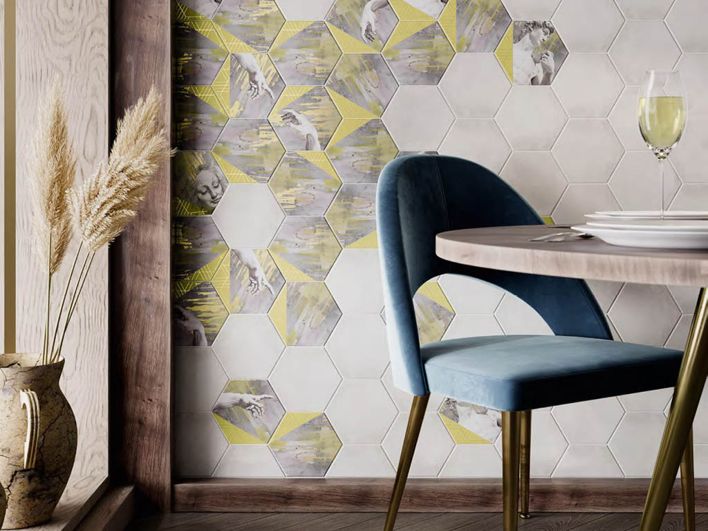 В одной коллекции представлены разнообразные декоративные элементы — бордюры, облицовка для стен, пола