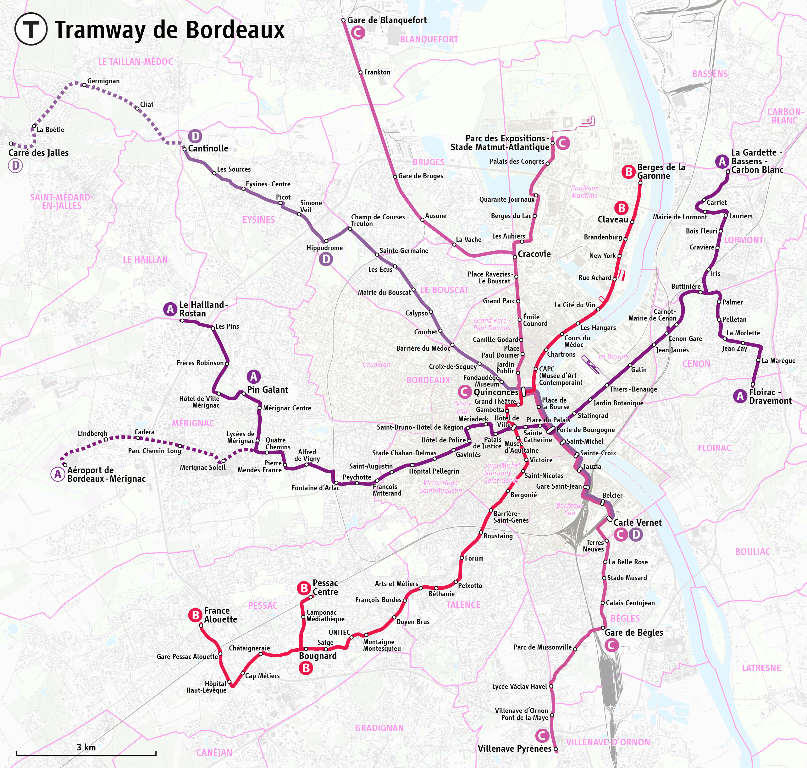 Схема трамвайной сети города Бордо